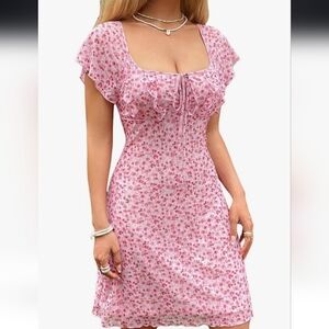 Floral Pink Dress with Ruffle Sleeves